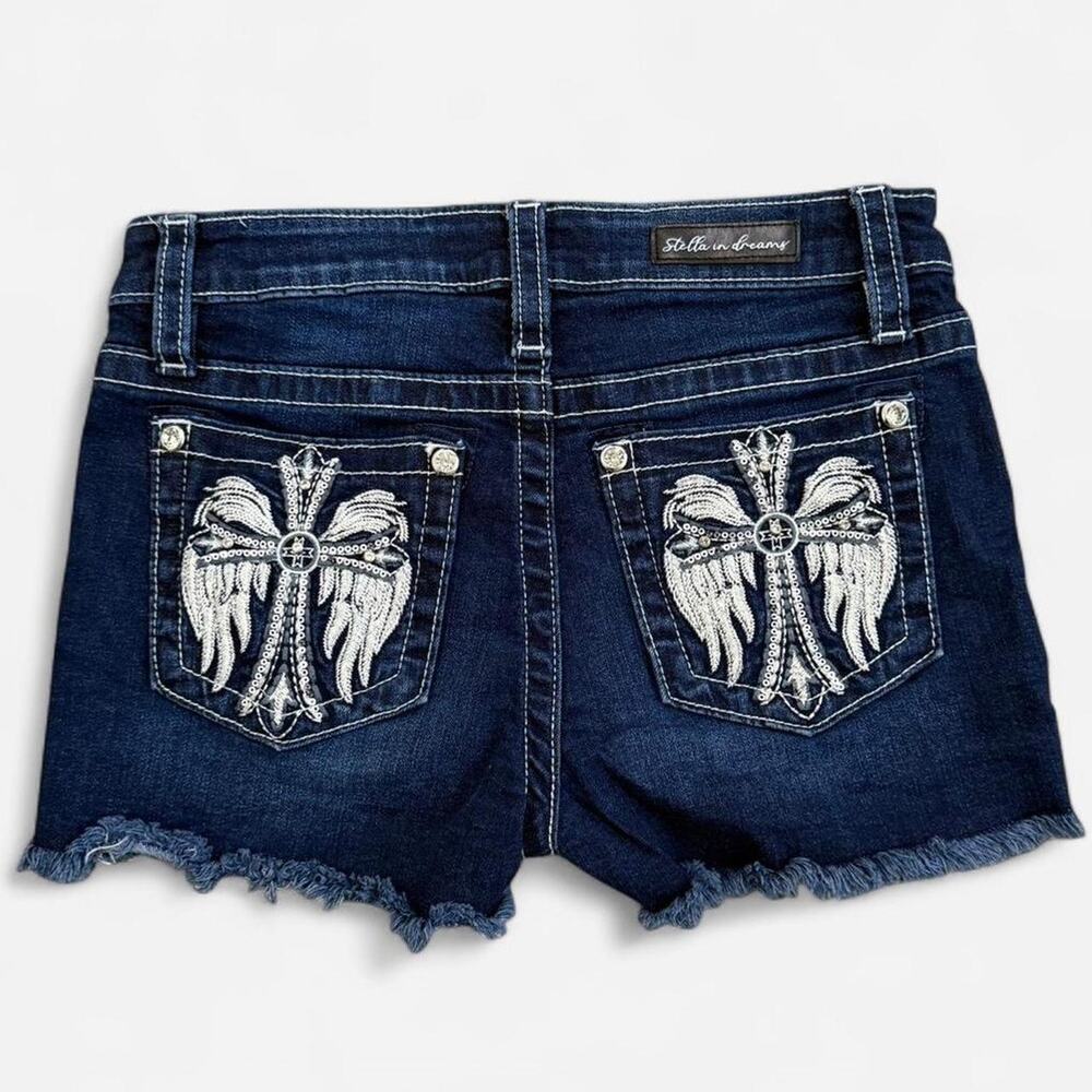 Stella In Dreams Y2K Blue Mid Rise Shorts w Rhinestone Angel Wing Cross Patches